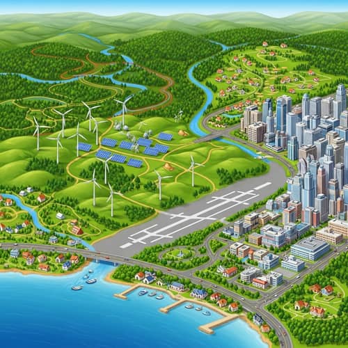 Diverse Landscape with Forest, City, Wind Turbines & Coastline