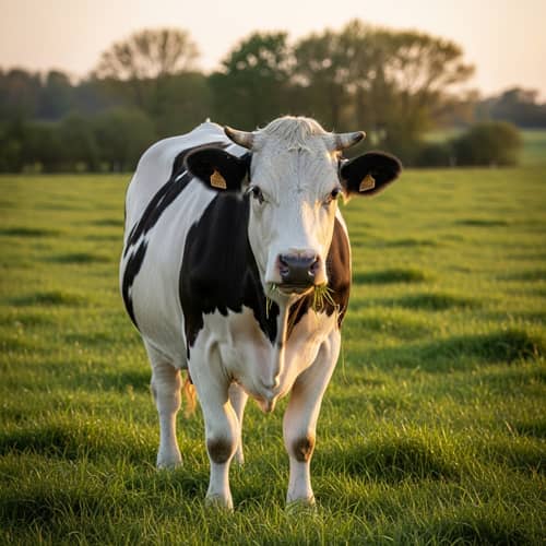 Adult Cow Grazing in Green Pasture | Tranquil Scene at Sunset