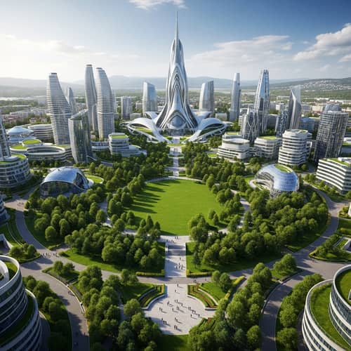 Futuristic Cityscape Surrounding Lush Green Park