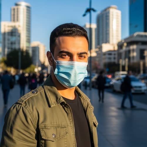 Young Middle-Eastern Man Wearing Face Mask in City Environment