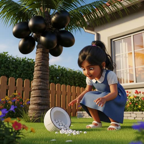 Unusual Tree with Black Coconuts and Pearls - Intriguing Backyard Scene
