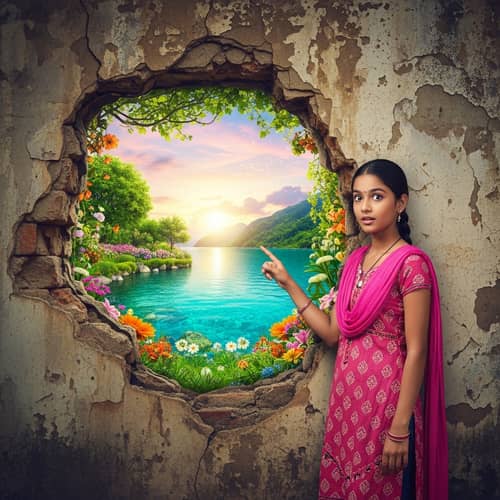 South Asian Girl Discovering Paradise: Radiant Scenery