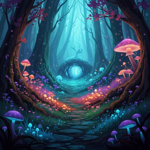 Mystical Forest with Glowing Mushrooms and Hidden Pathway