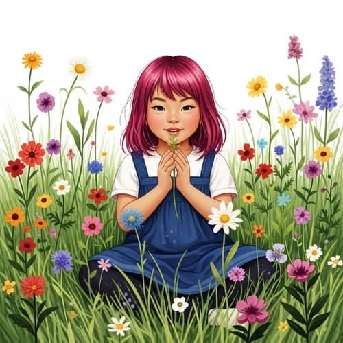 Whimsical Illustration of Young Girl with Vibrant Pink Hair and Colorful Flowers