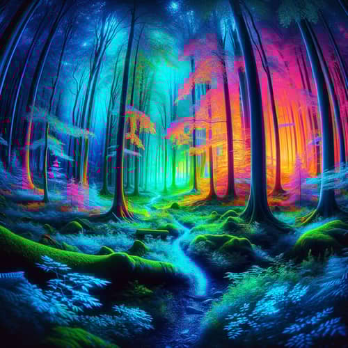 Mystical Neon Forest with Hidden Paths