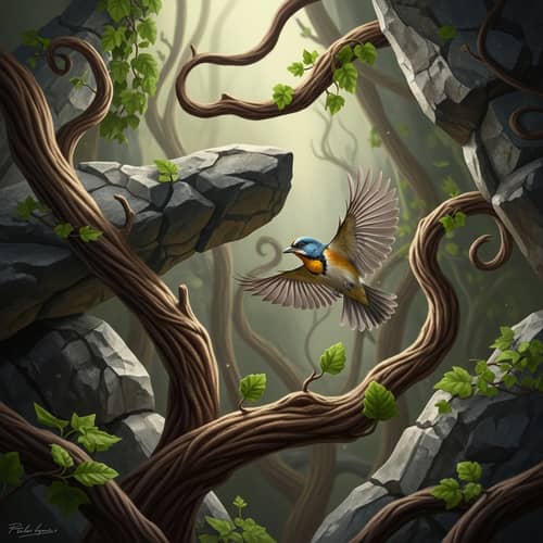Adventurous Songbird Navigating Maze of Obstacles
