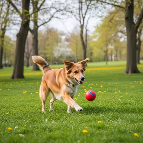 Playful Dog Cavorting in Sunlit Park - Joyful Scene