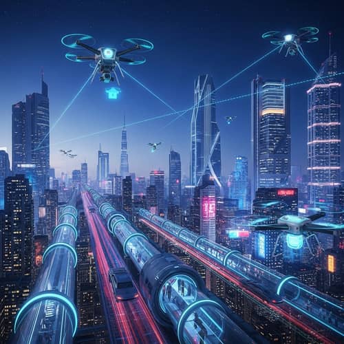 Futuristic Cityscape: Neon Lights, Skyscrapers, Levitating Cars
