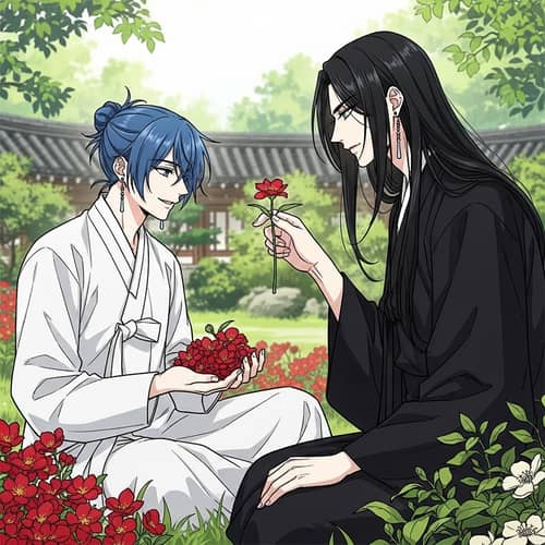 Manhwa Style Illustration of Two Young Men in a Garden
