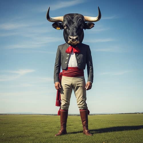 Surreal Fusion of Man and Bull in Traditional Attire