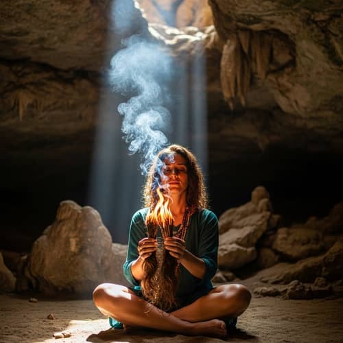 Middle Eastern Woman Burning Hair Strands in Cave