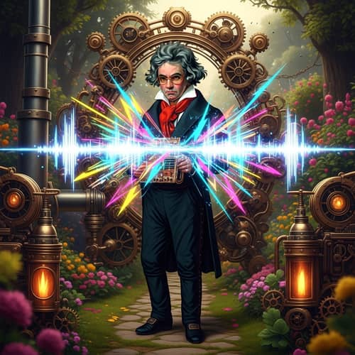 Steampunk Synthwave Fusion of Beethoven in Vibrant Garden