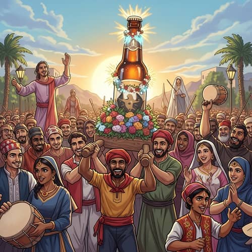 Diverse Beer Bottle Procession with Cultural Celebrations