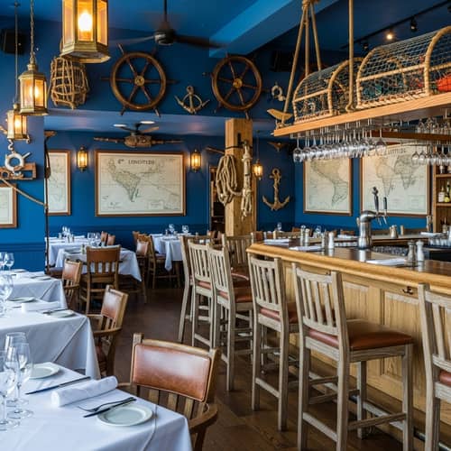 Nautical Themed Restaurant with Azure Hues and Antique Decor
