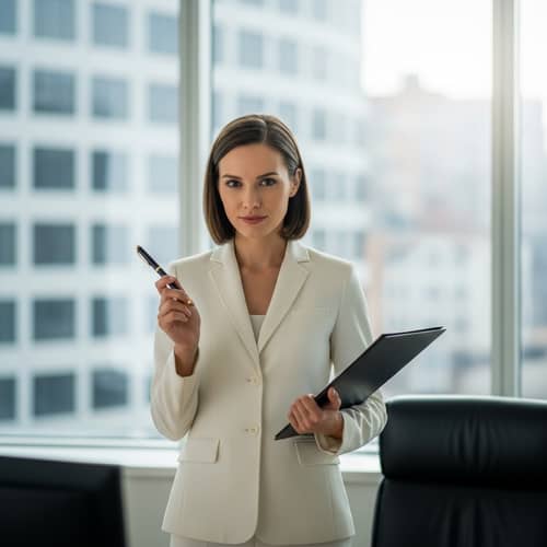 Professional Caucasian Businesswoman in Sharp White Suit | Downtown Office Scene