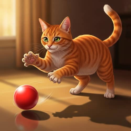Playful Female Orange Striped Cat with Red Ball