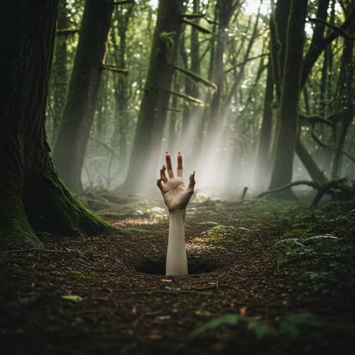 Elongated Hand in Misty Forest - Unique Imagery