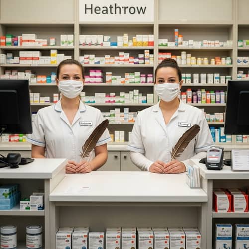Vintage Quill-Pen Pharmacists at 'Heathrrow' and 'Snnorty' Cashiers