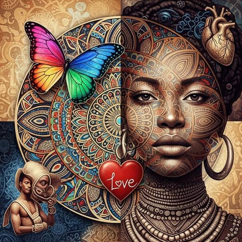 Intricately Designed Mandala with Butterfly, Heart, and African Woman