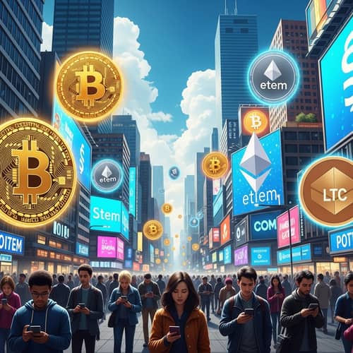 Futuristic Crypto-Powered Cityscape with Digital Currencies