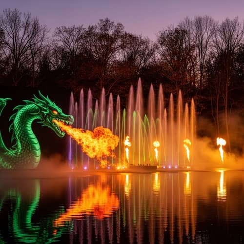 Horror Themed Water and Fire Show at a Halloween Evening Pond
