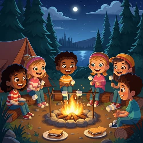 Summer Night Campfire Cartoon: Kids Enjoying S'mores & Laughter