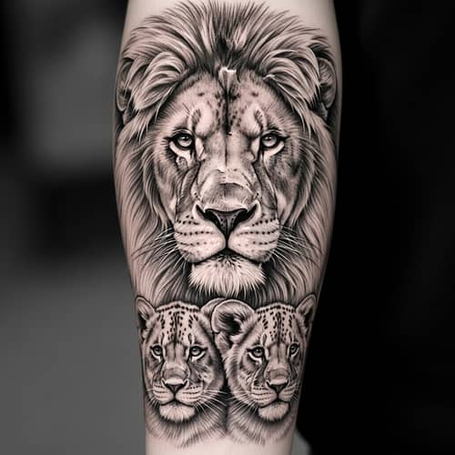 Realistic Lion Tattoo Design with Two Lion Cubs in Black and White