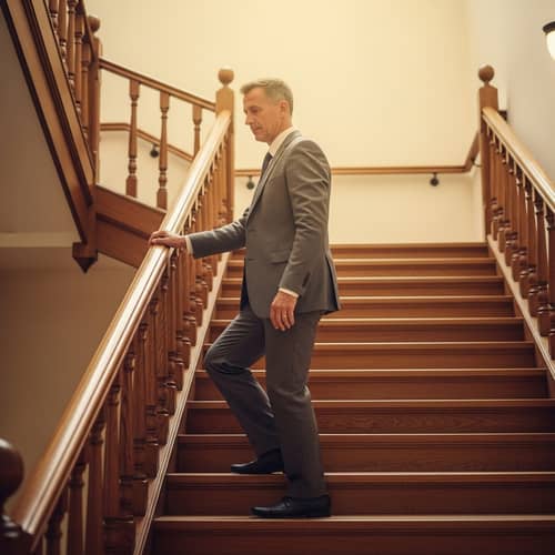 Professional man ascending wooden staircase symbolizing progress