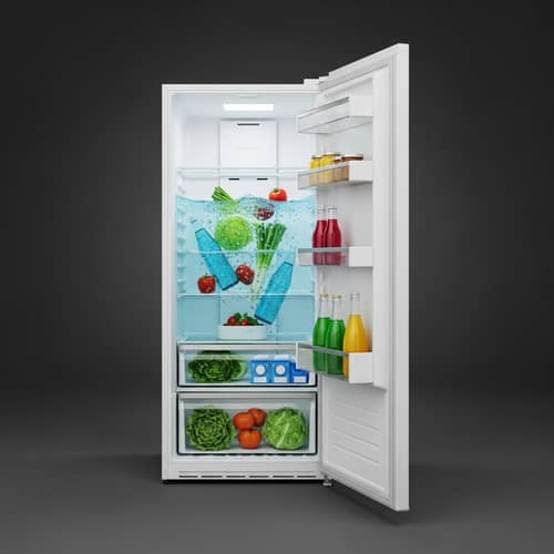 Unique Scene: Water Inside Refrigerator - Fresh Vegetables and Chilled Drinks