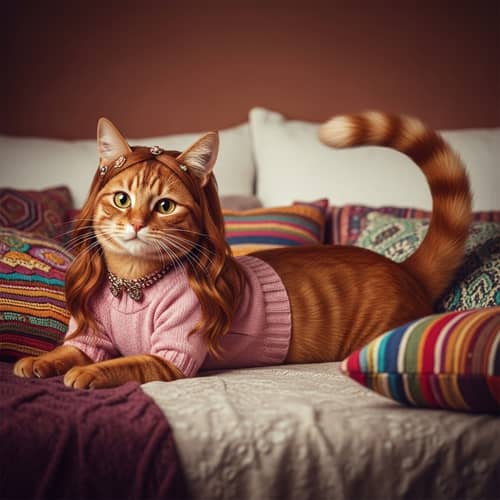 Hispanic Feline Girl Captivated on Plush Bed - Unique Creature