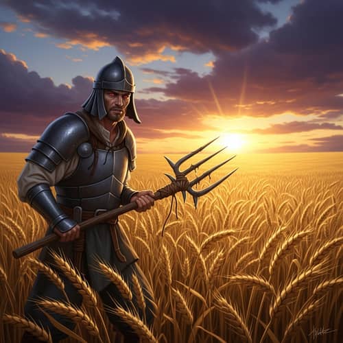 Fantasy Warrior Protecting Land in Golden Wheat Field
