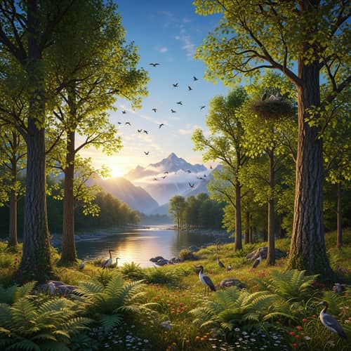 Genuine Nature Scenery: Tranquil Forest, River, Birds & Mountains
