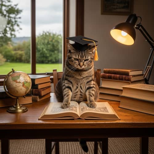 Studious Cat in Glasses | Desk Study Scene with Books & Globe
