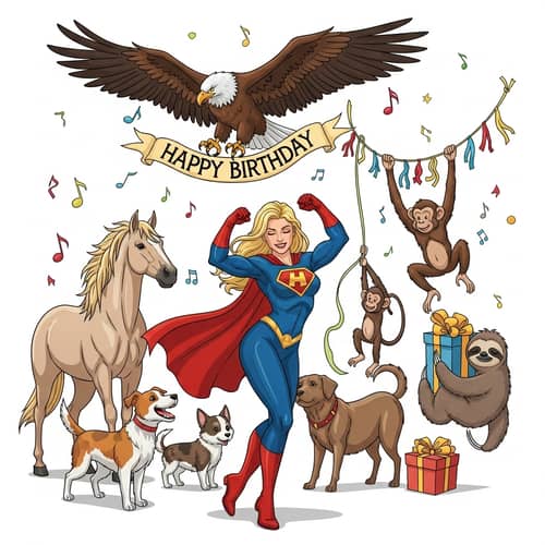 Blonde Female Superhero Birthday Card with Animals