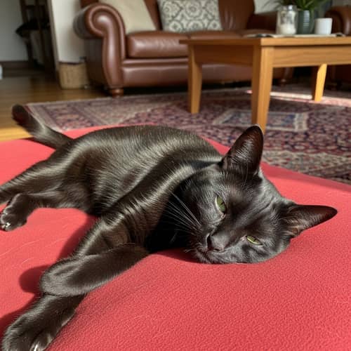 Relaxing Domestic Short-Haired Cat on Soft Red Cushion