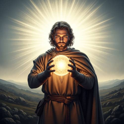 Historical Figure Holding Glowing Orb - Enigmatic Scene
