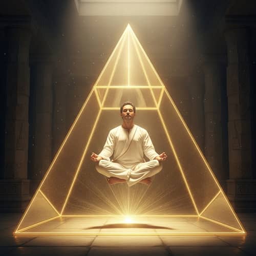 Man in Lotus Position Inside Transparent Gold Pyramid - Meditative Energy