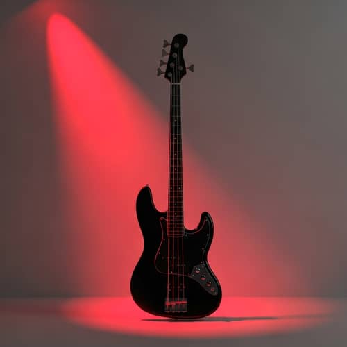 Sleek Black Bass Guitar with Bold Red Light | Dramatic Musical Scene