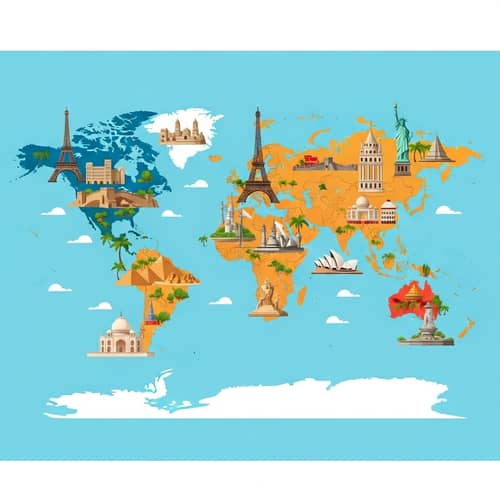 World Map with Detailed Landmarks | Educational Illustration