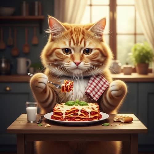 Cat Eating Lasagna - Funny Feline Enjoying a Meal