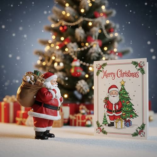 Hyper-Realistic Santa Claus Figurine and Christmas Tree Scene