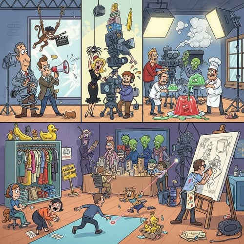 Diverse Cartoon Characters in Comedic Film Studio
