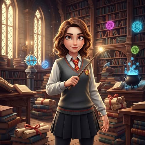 Ermiony Animation: Female Wizard with Wavy Brown Hair & Magic Wand