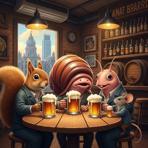 Anthropomorphic squirrel, mollusk, and mouse in Madrid bar
