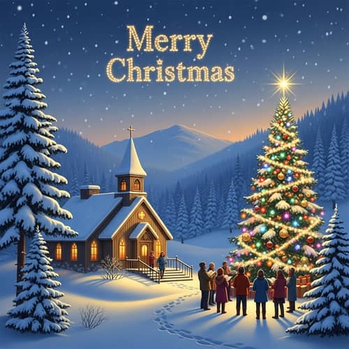Christian Christmas Scene: Snowy Landscape with Church and Decorated Tree