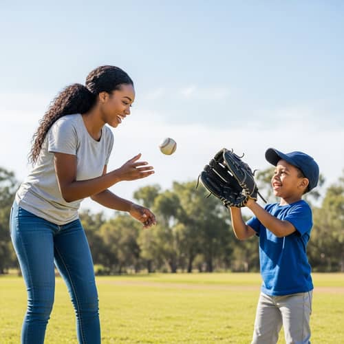 Young Black Mother Teaching Son Baseball Catching Fun