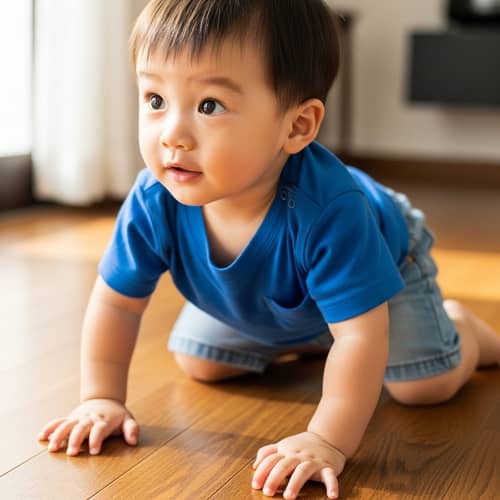 Curious East Asian Boy Exploring Wooden Floor | Exciting Discovery