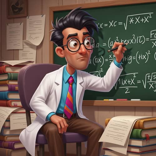 Male South Asian Cartoon Character in Lab Coat Solving Math Equations