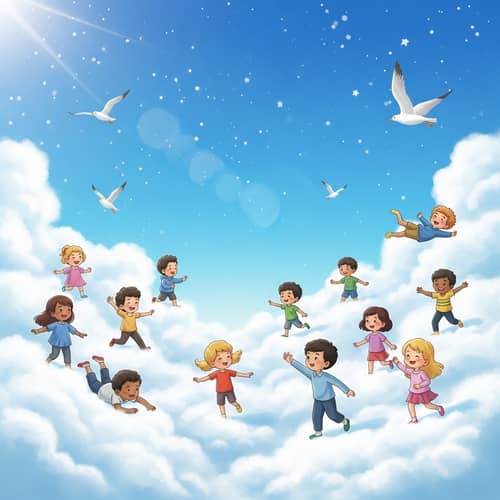 Whimsical Children Walking on Clouds | Magical Sky Scene