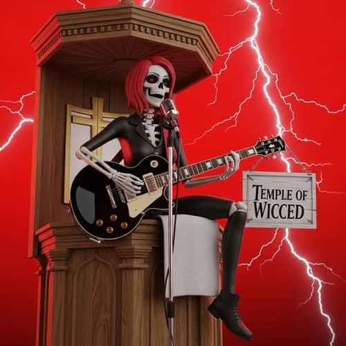 Temple of Wicced: Skeletal Female Preacher Rocking Fender Stratocaster